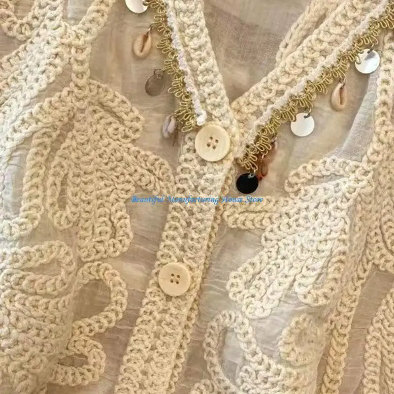 E56A المرأة خمر الكروشيه التطريز أكمام سترة سترة الخامس الرقبة شرابات زر الجبهة قطع علوية بدون أكتاف عطلة صدرية #5