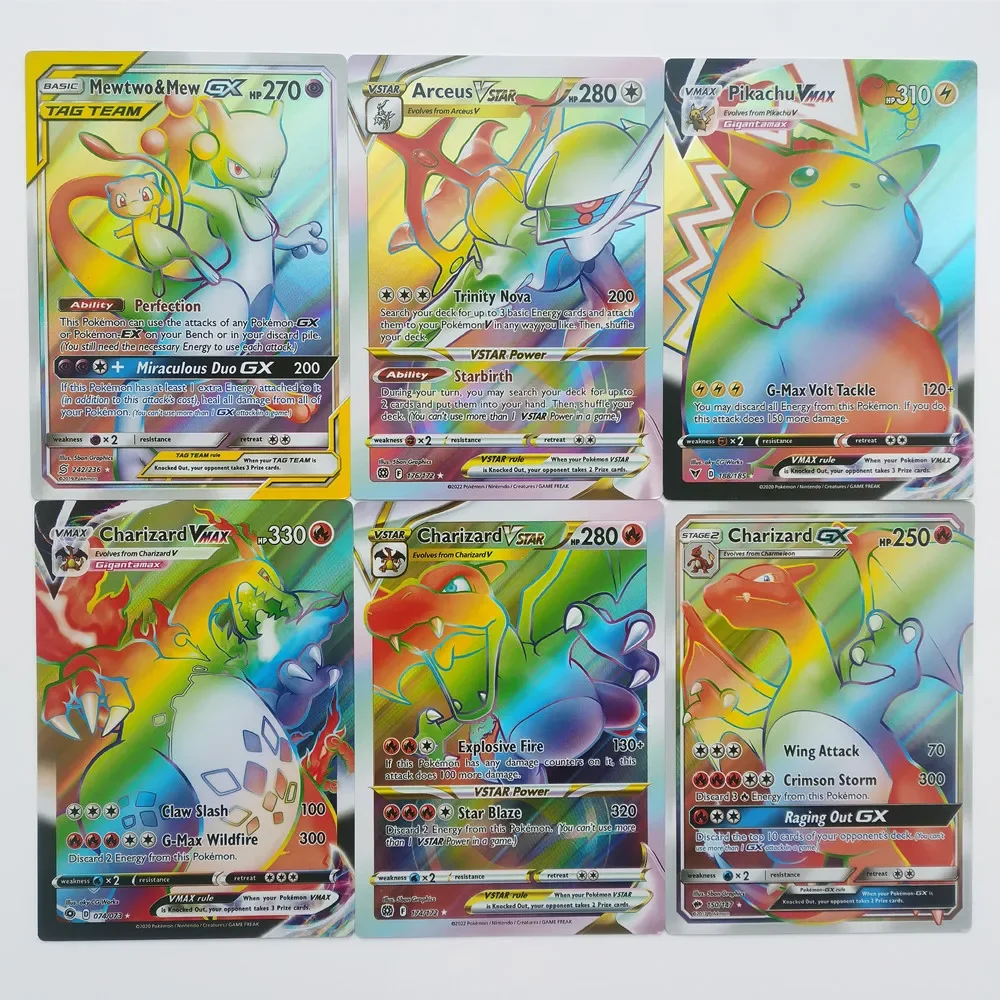 Cartes Pokémon super brillantes, cartes de lettres de vministériels x, Vmax, Vstar, GX, Arc192., Pikachu, Charizard, cartes rares, nouveau, 12 pièces