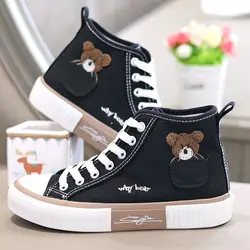 Jesienne damskie trampki Cute Cartoon Bear hafty brezentowe buty moda wysokie sznurowane buty w stylu casual platforma buty wulkanizowane