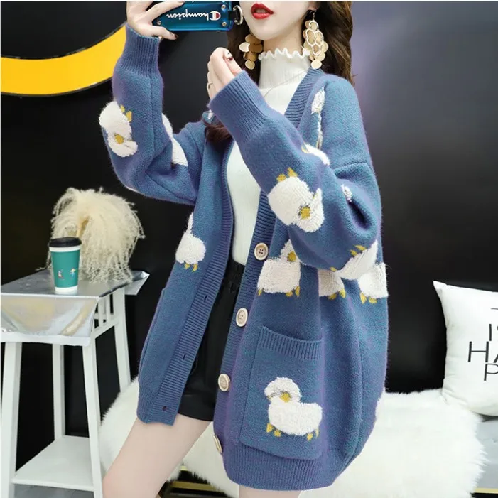 2024 New Button Pocket Women's Autumn And Winter Thickened Knitted Cardigan Lamb Jacquard Lazy Wind Long Sleeve Loose Large Size