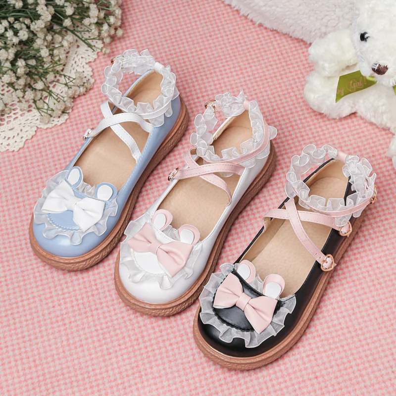 Women Lolita Princess Maid Cosplay Shoes Patchwork Color Cross Strap Buckle Round Toe Girls Cute Rabbit Ears Pumps Flat Heels