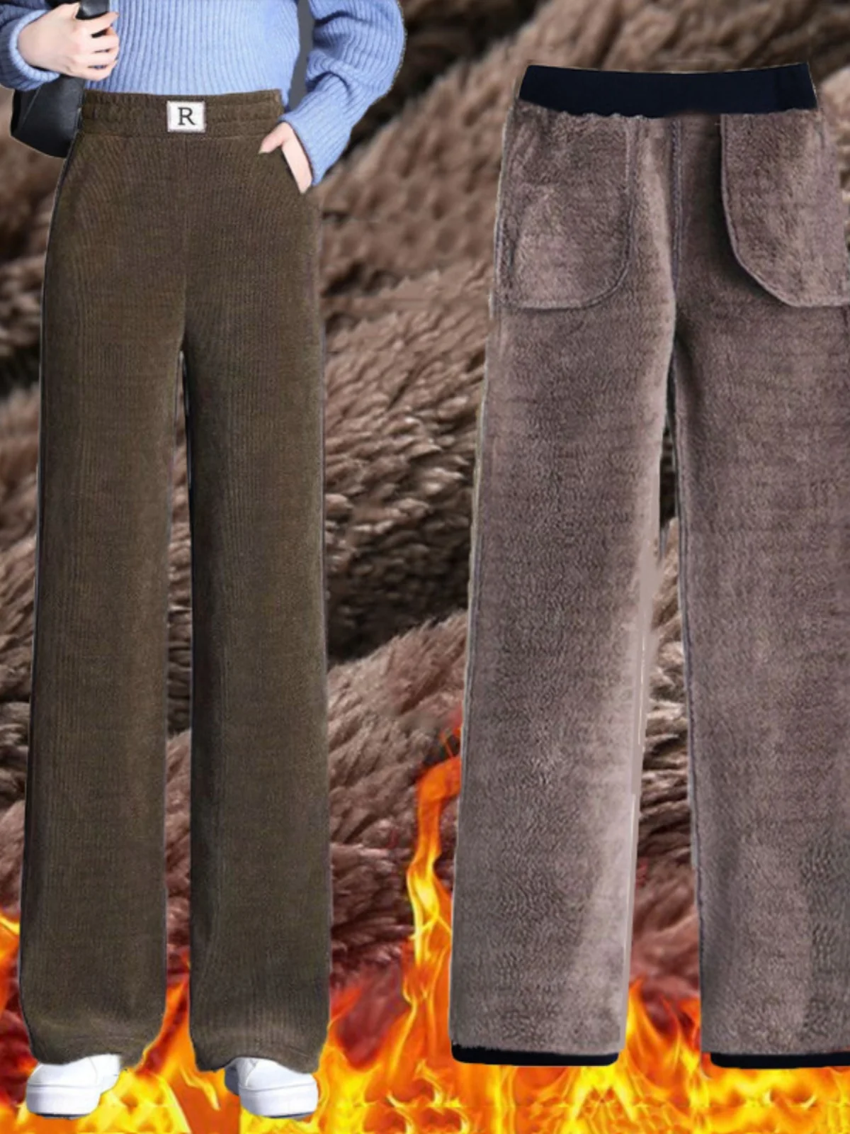 여성용 하이웨이스트 안감 있는 허리밴드 하란 루즈 스트레이트 팬츠 캐주얼 바지 한국 스타일 와이드 팬츠