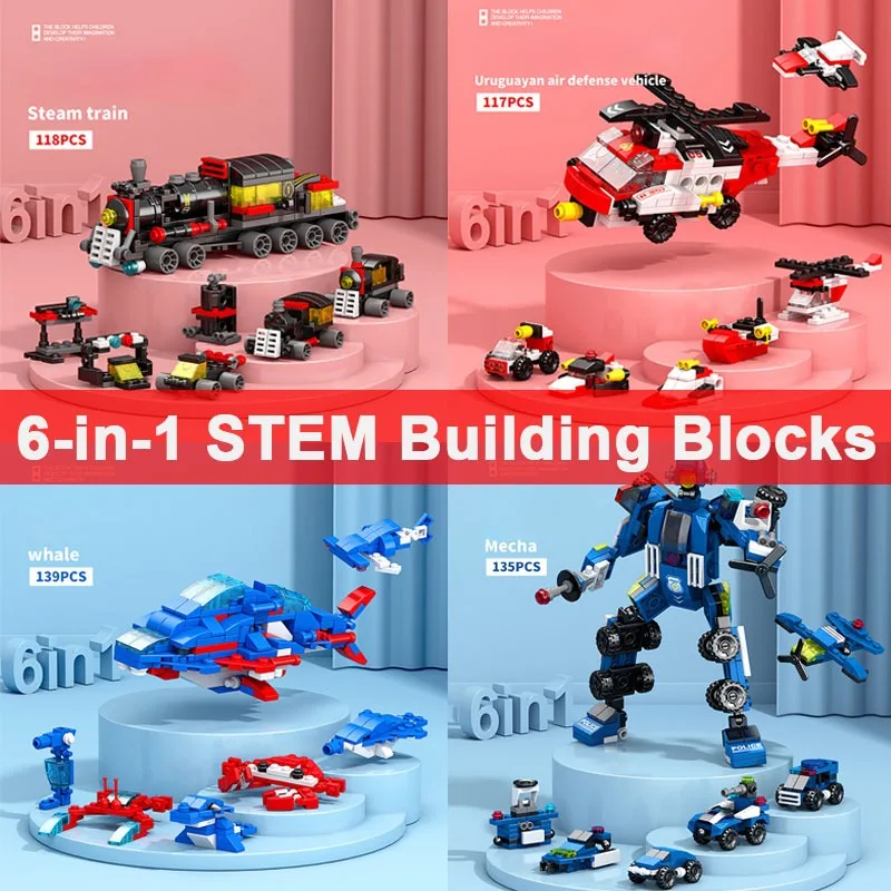 6in1 NEW Police Sports Car Fire Engineering Engine Mini Loader Truck Classic Model Building Blocks Sets Bricks Toy City