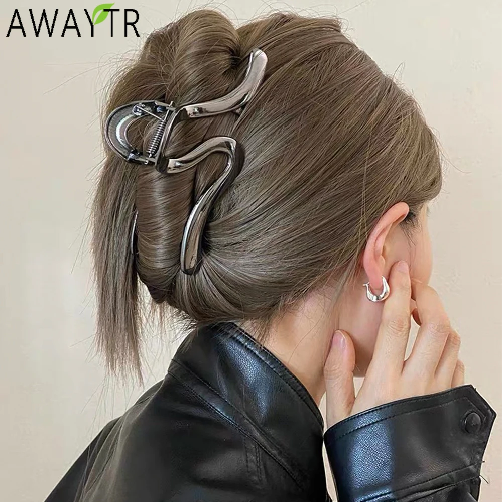 AWAYTR Glossy Electroplated Ripple Hair Claws Luxury Alloy Hair Clips Crab For Girl Gift Hair Accessories Festival Headwear