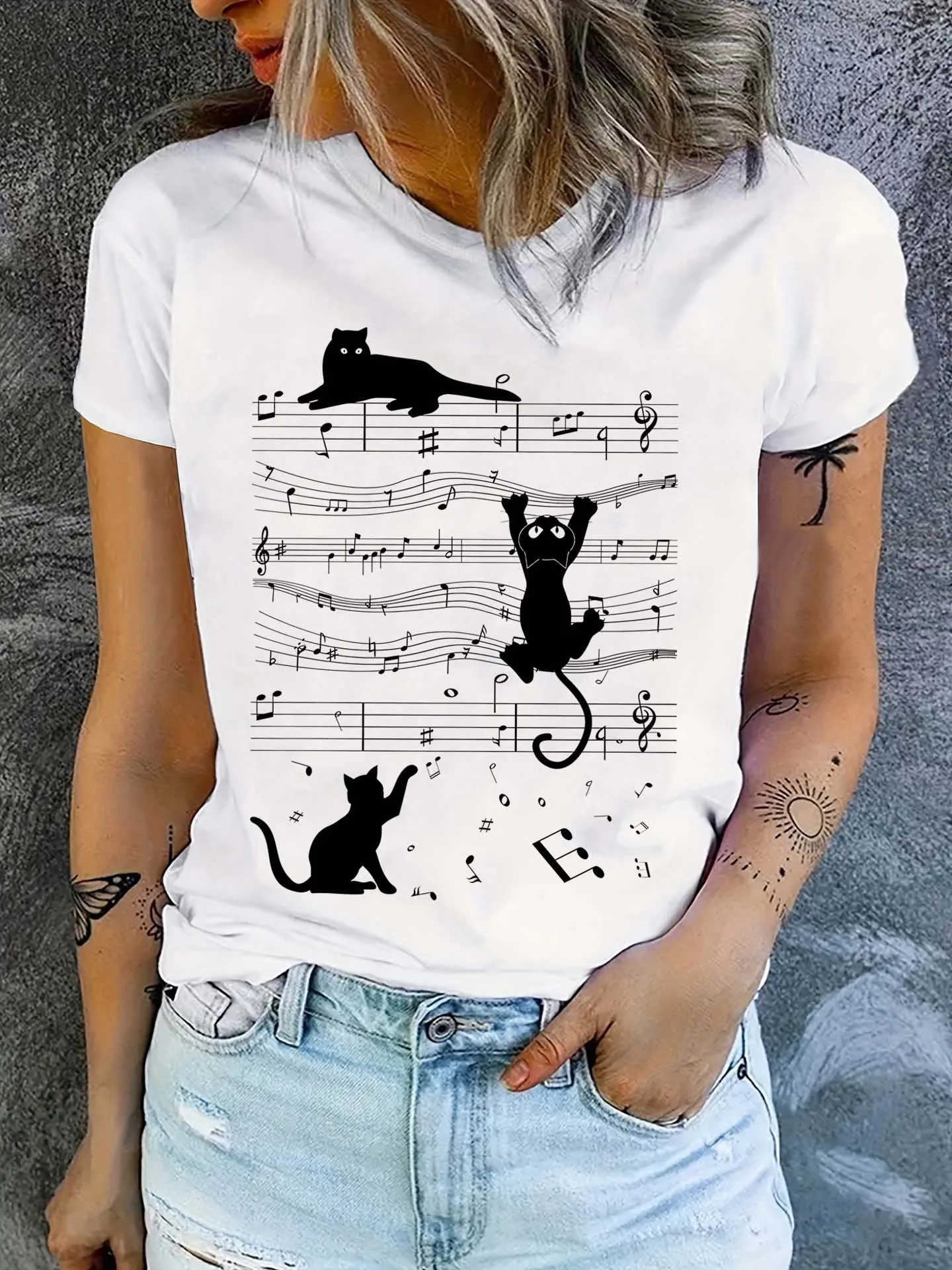 Casual Top for Summer & Spring Women's Clothing Cat Print T-shirt Short Sleeve Crew Neck Aesthetic Clothes