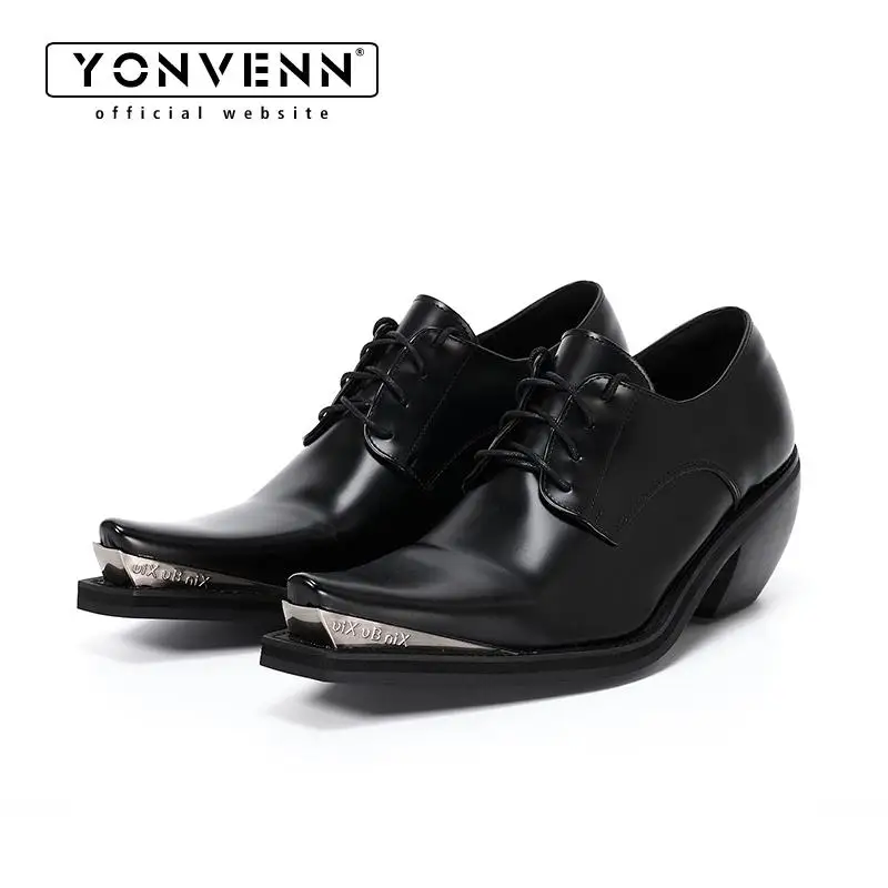 

Metal pointed leather shoes for men and women niche design thick soled formal dress shoes casual lace up height increase