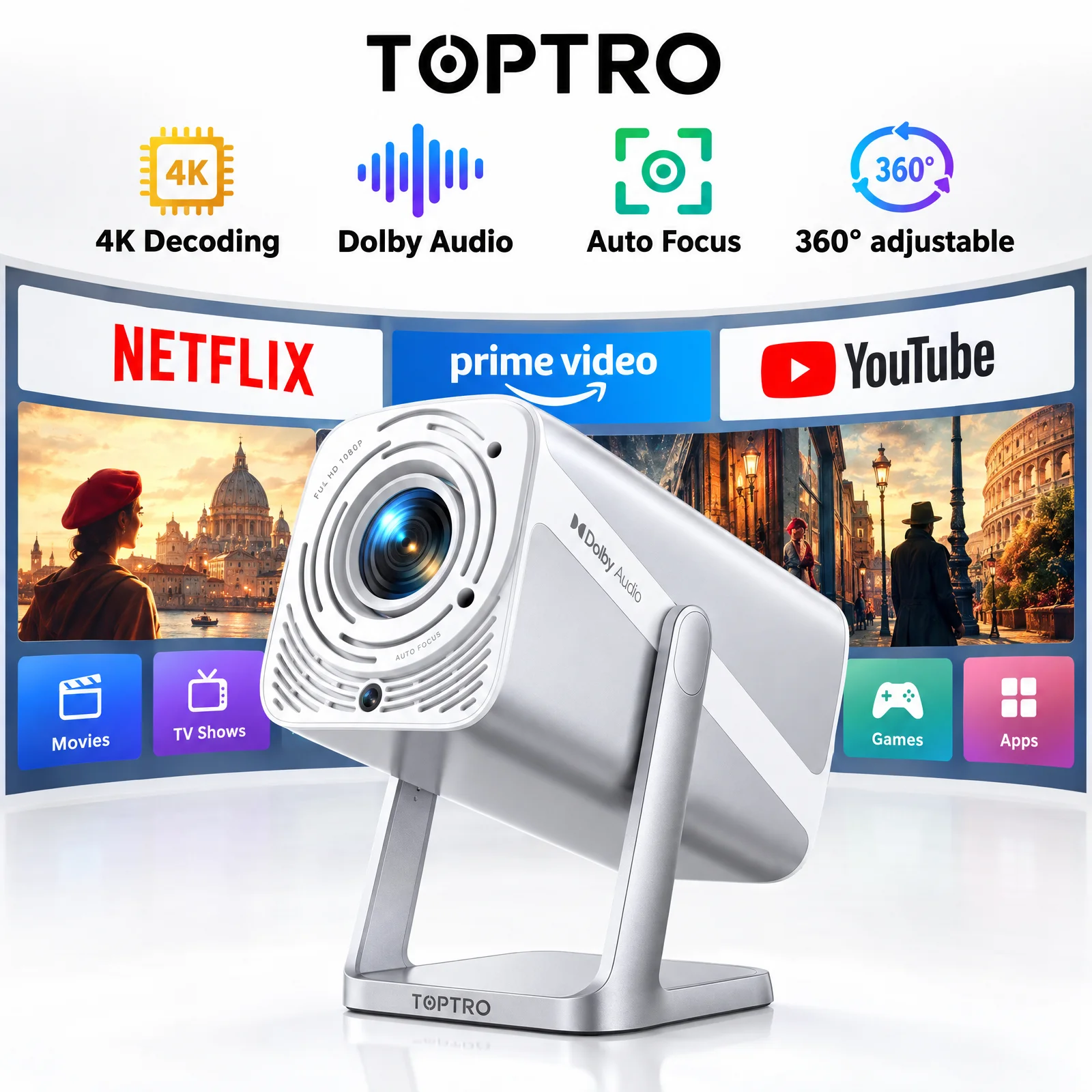 TOPTRO Projector 4K Netflix Officially 1080P 960ANSI Auto Focus Support WIFI6 Mini Portable Projector For Home Movie Theater