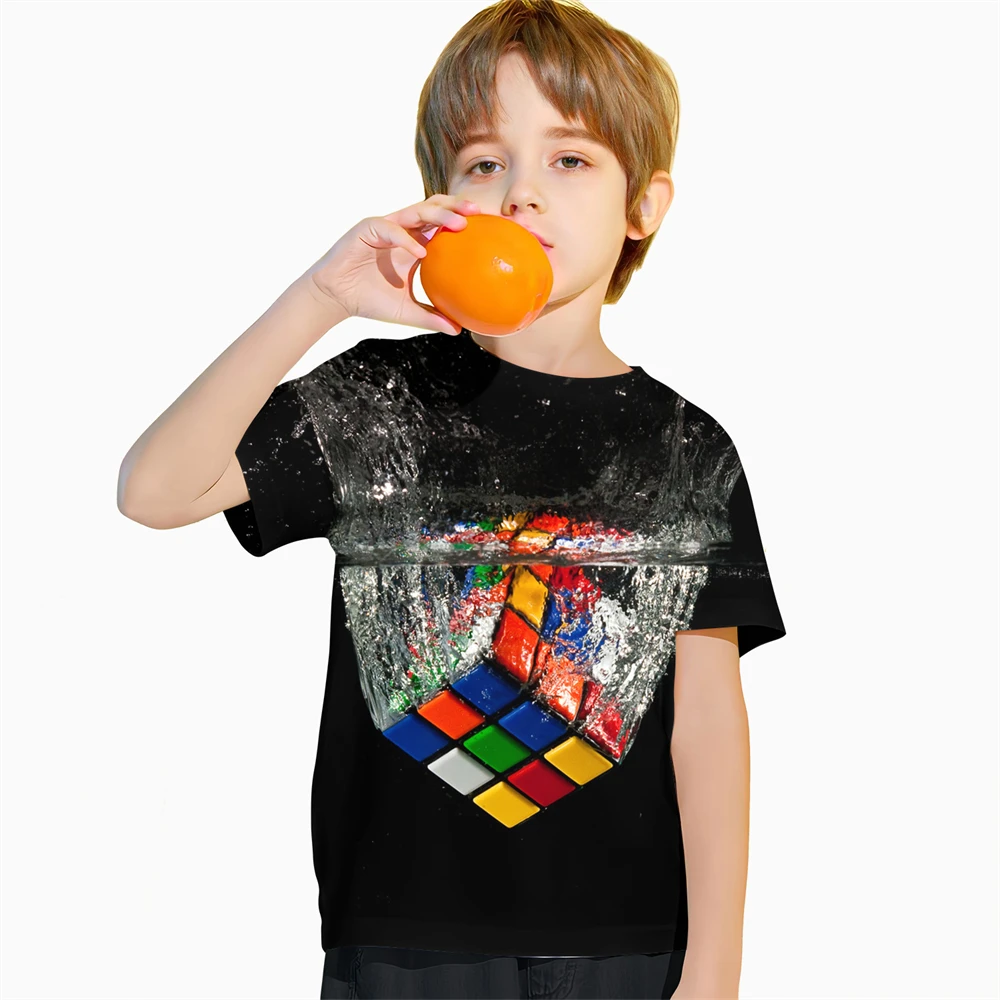 T-shirt à manches courtes pour enfants, vêtements pour bébés, impression 3D amusante, Rubik's Cube, t-shirt décontracté pour garçons, vêtements d'été pour enfants, 2024