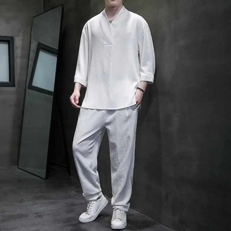 Casual Ice Silk Drape Chinese Style Men's Thin T-shirt Men's Short Sleeved Shirt Summer Loose Oversized Tang Suit Two-piece Set