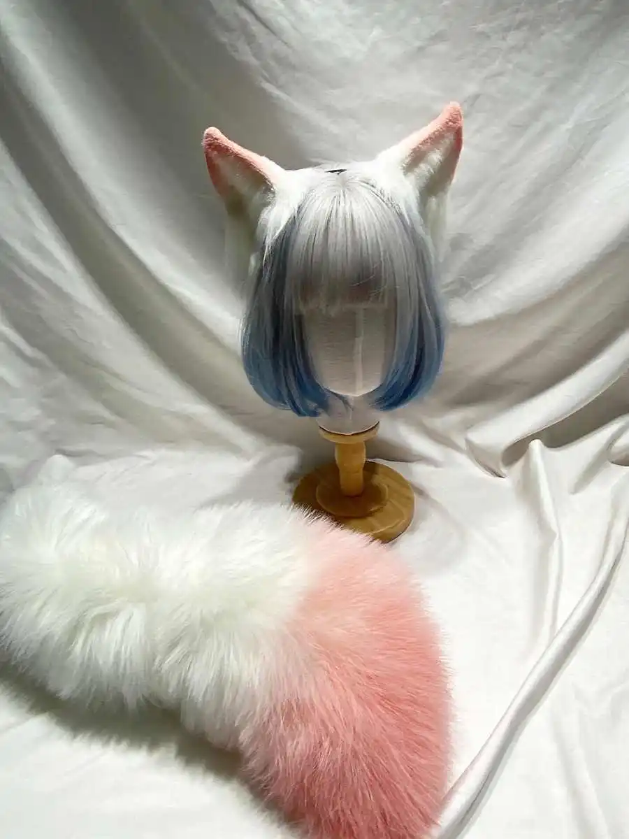 Handmade Fox Ears Tail Set Furry Faux Fur, Grey White Pink Fox Ears Hairband Fox Tail Fursuit Party Cosplay Fox Halloween Costum