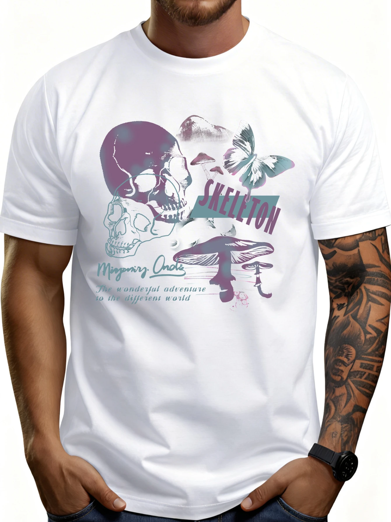 Mens Fashion Young - グラフィックデザインの男性用Tシャツ、スカル、キノコ、蝶のプリント入り、夏のカジュアルウェア、トレンディな若い男性向けファッション