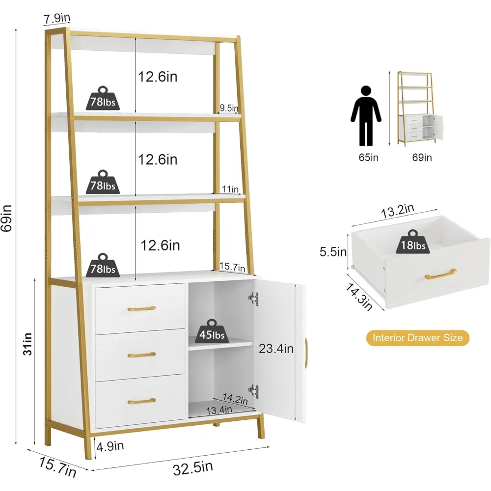 رف كتب من الذهب الأبيض بطول 69 من 4 طبقات مع أدراج خشبية وأرفف سلم، وخزانة تخزين للمطبخ قائمة بذاتها #3