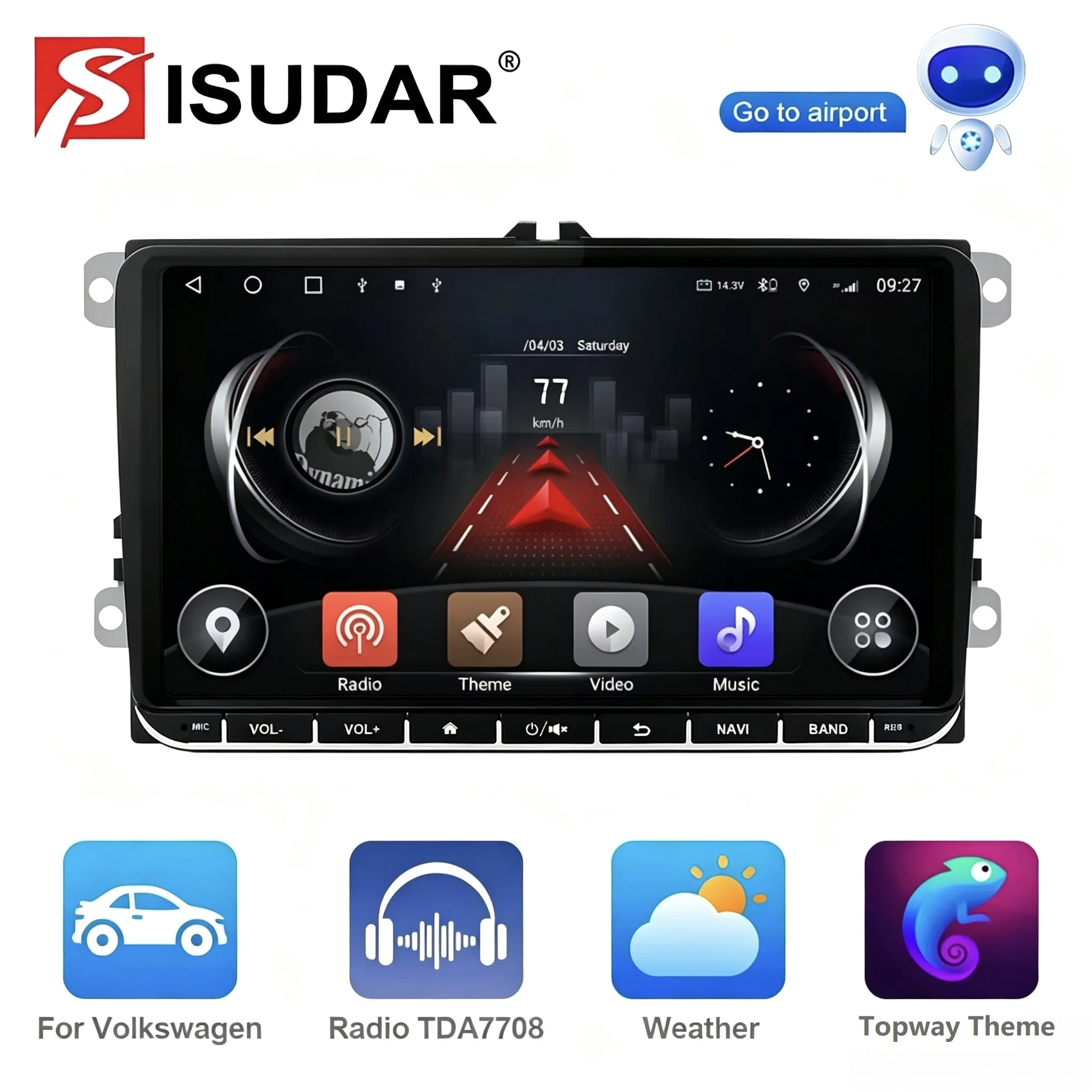 Isudar Android 14 Car Stereo and Physical Button For Skoda/VW/Volkswagen/POLO/PASSAT/Golf/Tiguan/Jetta/Touran Carplay 4G No 2din
