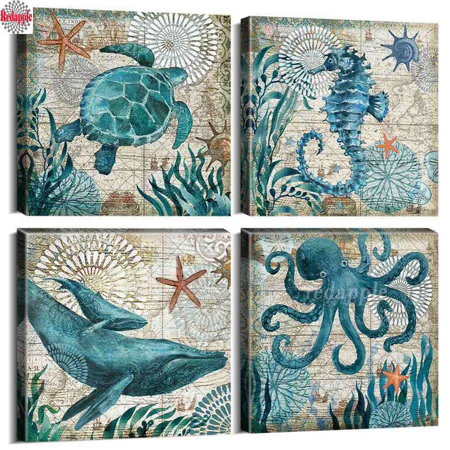 Ocean Theme diamond mosaic Sea Animal Octopus Turtle Seahorse Whale Pictures diamond painting cross stitch Bathroom Decor 4 pcs