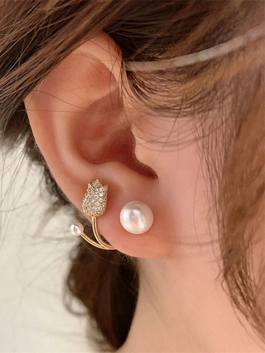 

Tulip Shaped Rhinestone Faux Pearl Ear Cuff Earrings For Women