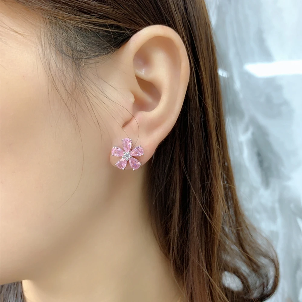 Wong Rain 100% 925 Sterling Silver Flowers Pink Sapphire Gemstone Women Ear Studs Earrings Wedding Party Fine Jewelry Wholesale