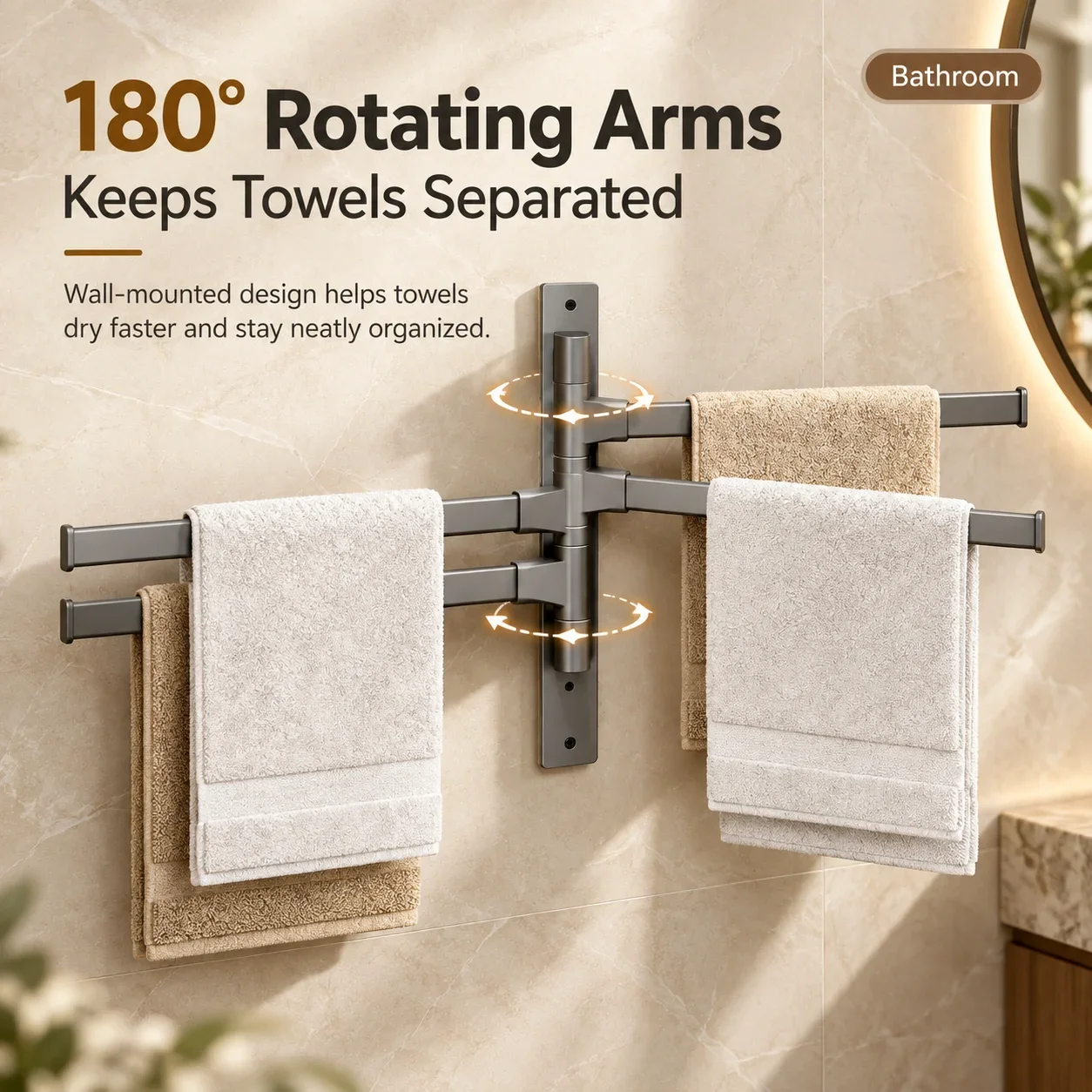 Wall Mounted Swing Towel Storage Rack 180° Rotating Towel Rack Arm Towel Bar Drill-Free Multi Bar Bathroom Towel Holder