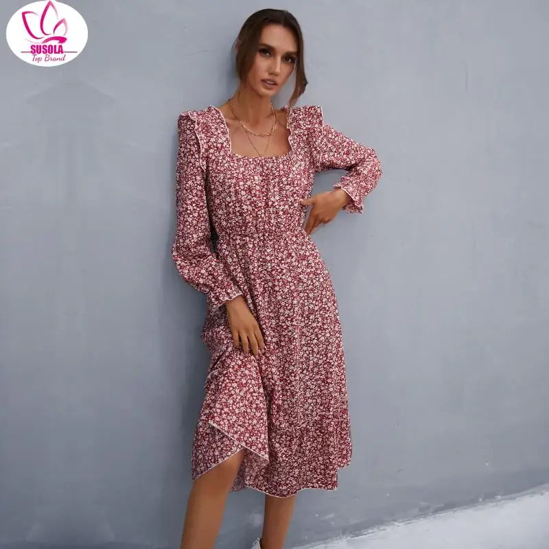 

SUSOLA Spring Women Clothing Long Sleeve Floral Print Square Neck Dress Vestido Feminino Dresses For Women 2024 Autumn Winter