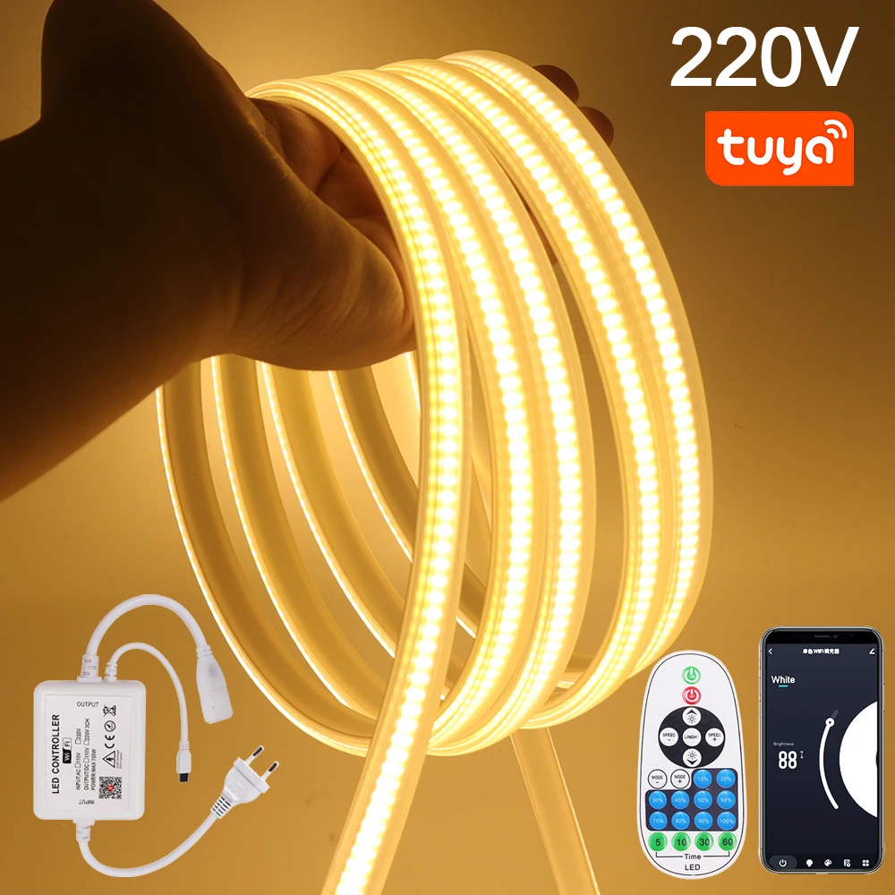 

EU 220V COB LED Strip Tuya WiFi Bluetooth Remote Control LED Tape 288Leds/m RA90 Waterproof Flexible Ribbon Dimmable FOB Lights