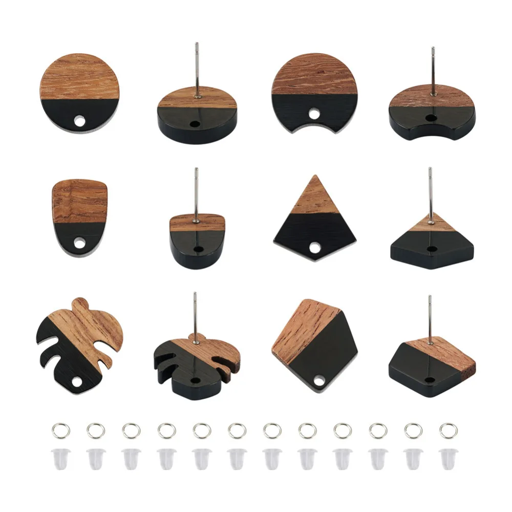 

12Pairs Resin & Walnut Wood Stud Earring Base Geometric Stud Earring Finding for Women Vintage Earrings Connector Jewelry Supply