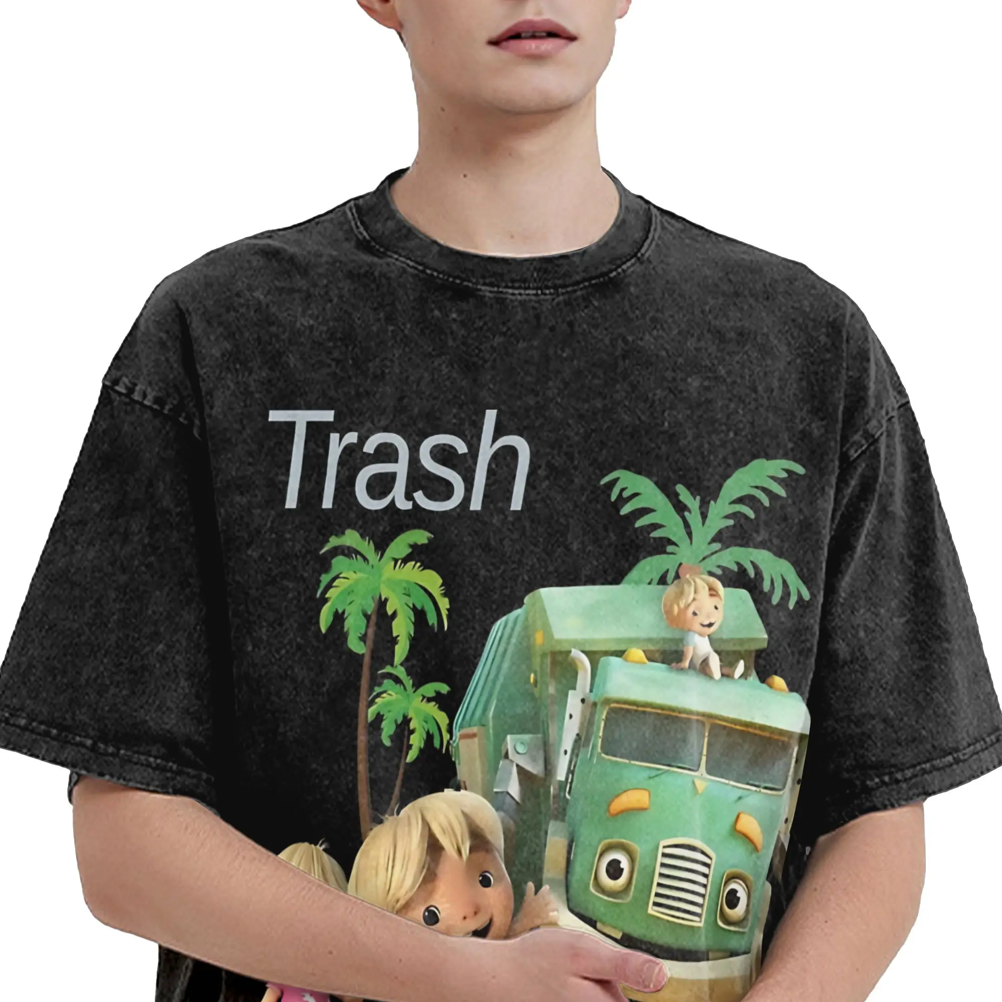 Trash Truck anime Outfit Washed T Shirts for Men Women Streetwear Hip Hop T-Shirts Printed  Tees Short Sleeve