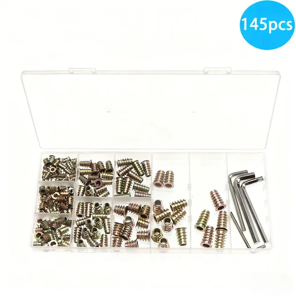 145pcs Zinc Plated Carbon Steel Furniture Nuts for Wood Projects with 4 Wrenches Organized in Plastic Storage Box
