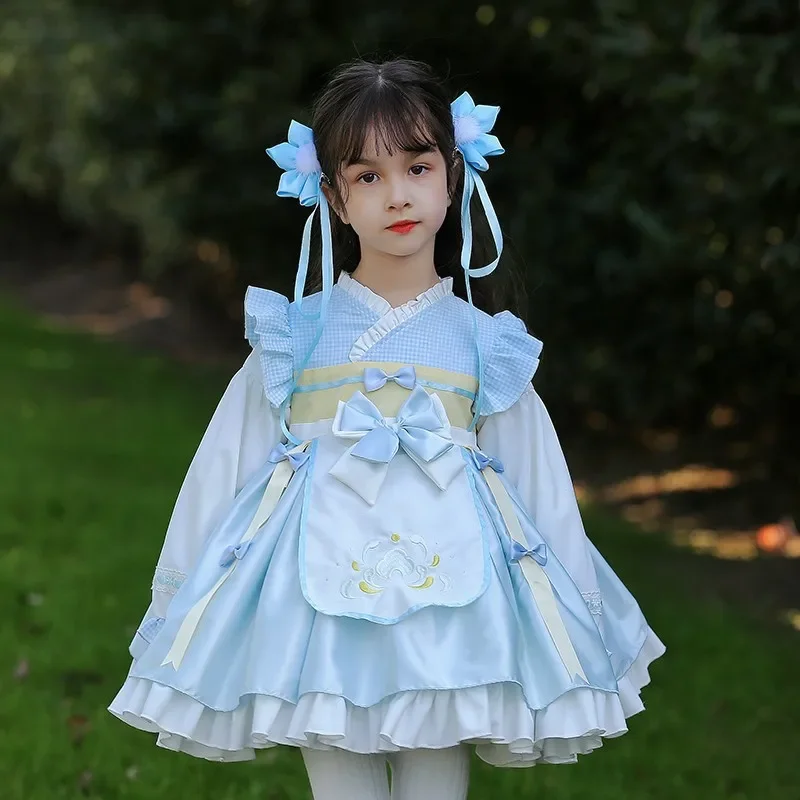 

2024 Autumn Girls Long Sleeve Spanish Lolita Princess Dresses Little Girl Bow Blue Dress for 1 2 3 4 5 6 Years Kids