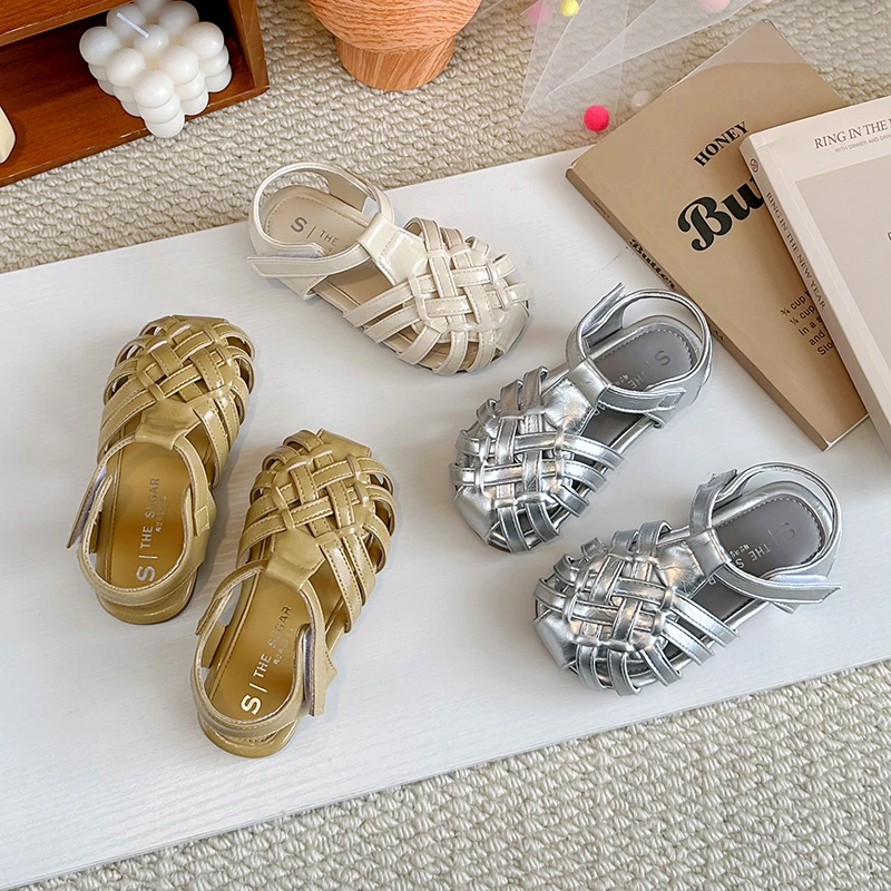 Fashion Girls' Shoes 2026 Summer New Kids Sandals Comfort Anti Slip Child Beach Shoes Simple Versatile Girls' Woven Sandals