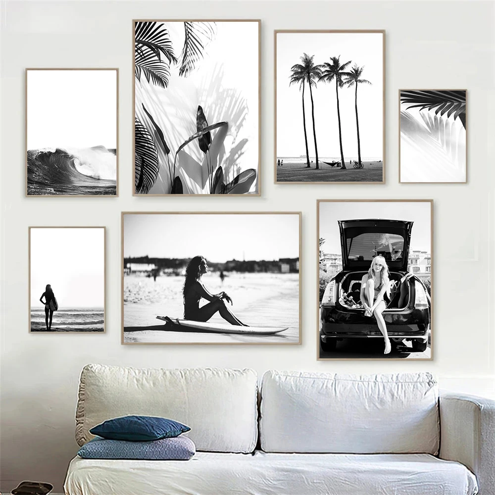 Black And White Wall Poster Surfboard Woman Canvas Painting Coconut Tree Art Prints Nordic Wall Pictures Living Room Home Decor