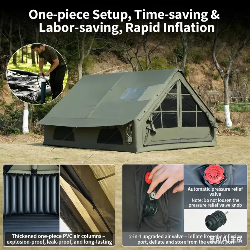 In Stock 12sqm Green Inflatable Camping Tent with Awning No Setup Required Complete Outdoor Camping Equipment