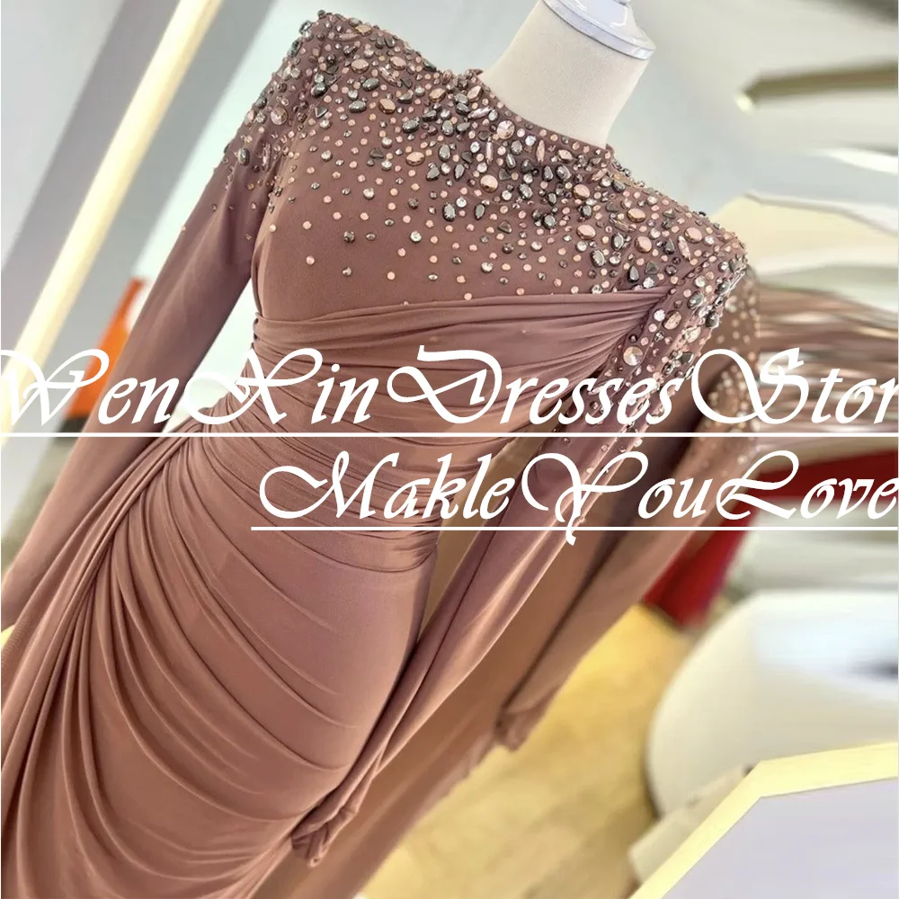 Elegant Party Dresses Woman 2024 Sequined Crystal Pleats Long Sleeve Solid Color High Collar Straight Empire Chiffon Saudi