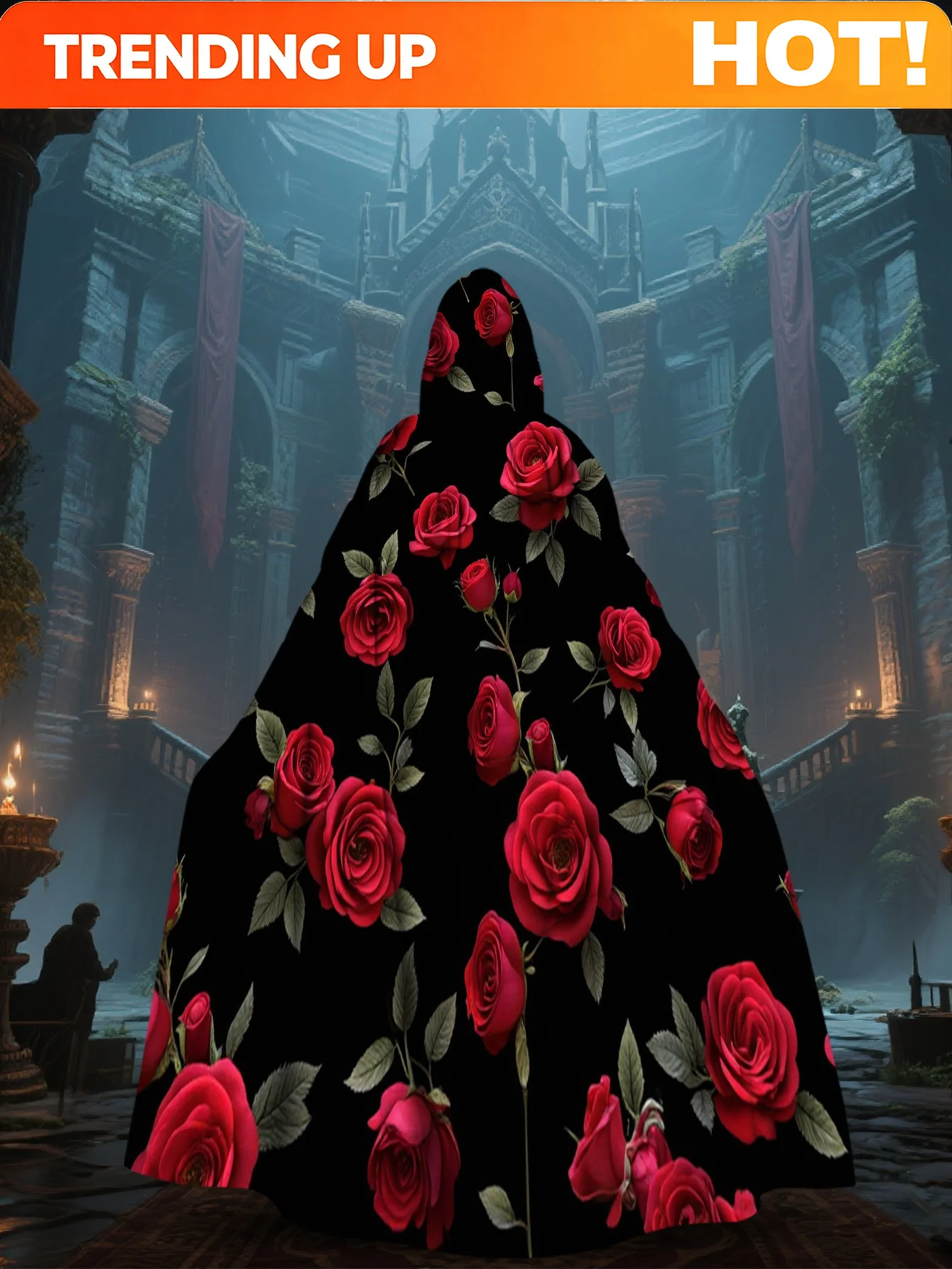 Customization 1pc LianyaoShi Selection 2D Flat Printing Medieval-Style Hooded Cape With Red Roses, Dark Floral Design