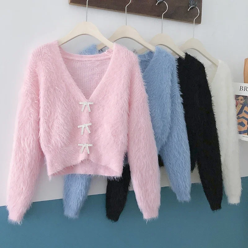 Sweaters Women Jumpers Autumn Sweet Wild V Long Sleeve Pink Cardigan Short Mohair Coat Pull Gentle Waterproof Mink Rhinestone