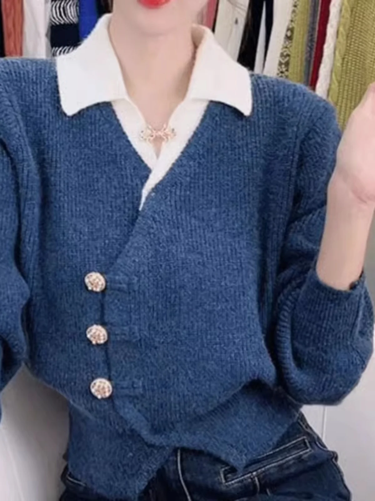 Cárdigan Hoado de Punto para Mujer, Estilo Otoñal, Diseño con Sensación de Dos Piezas, Suéter Acolchado con Botones