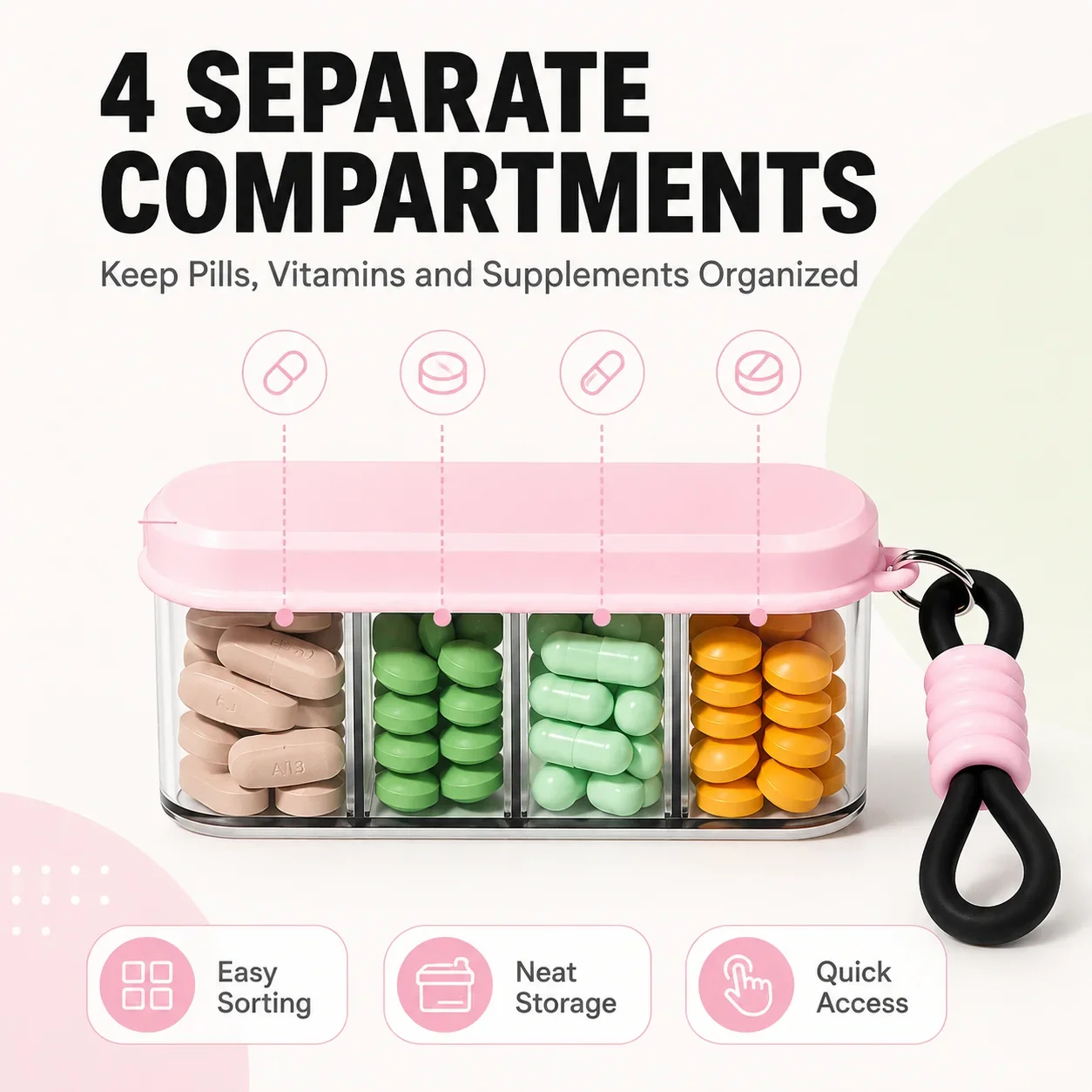 Portable Transparent Pill Box with Lanyard, Multi Compartment Travel Pill Organizer, Mini Vitamin Medicine Storage Case for Outd