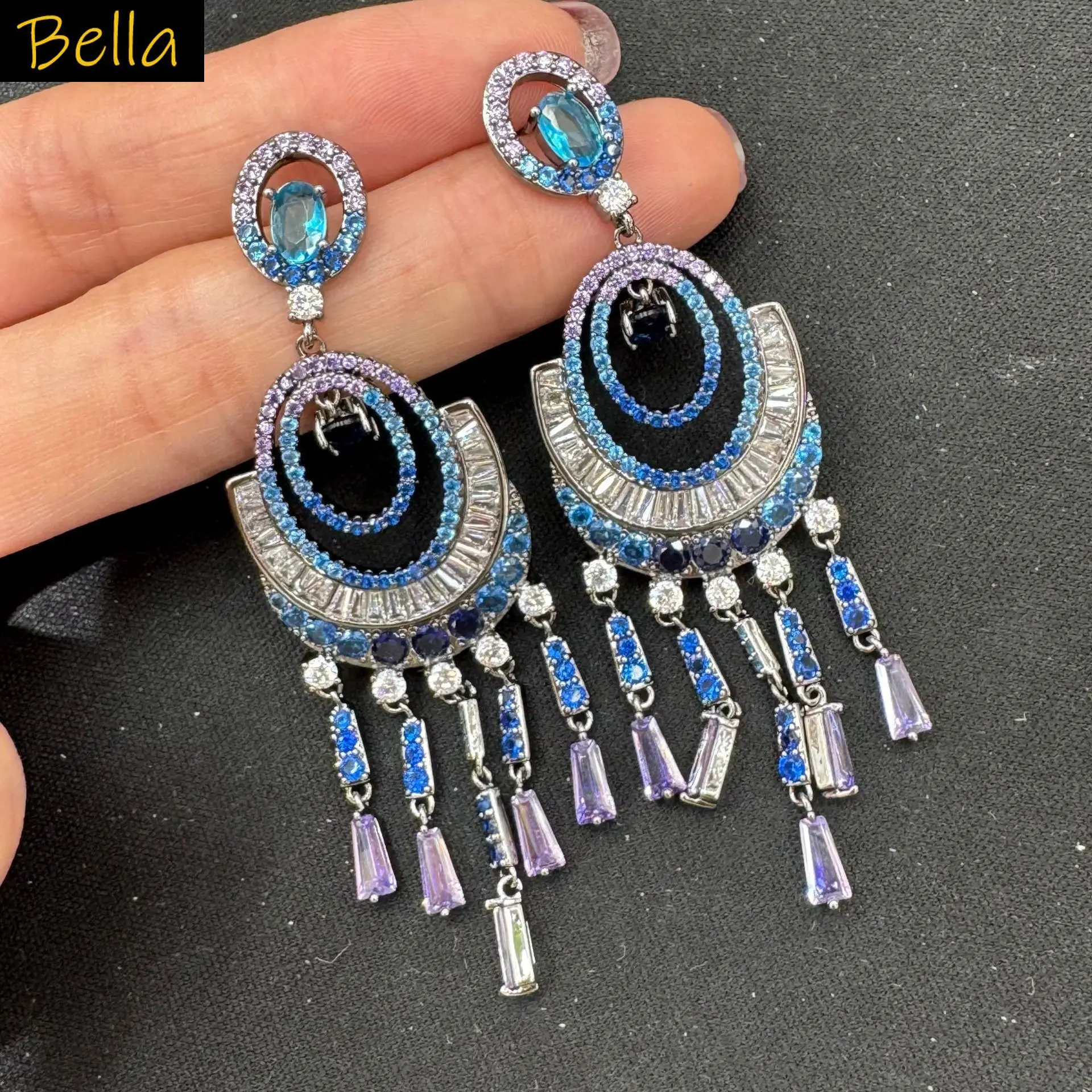 fashion luxury cubic zirconia earrings for women shiny jewelry long tassel chain dangling earrings blue fushia pink yellow