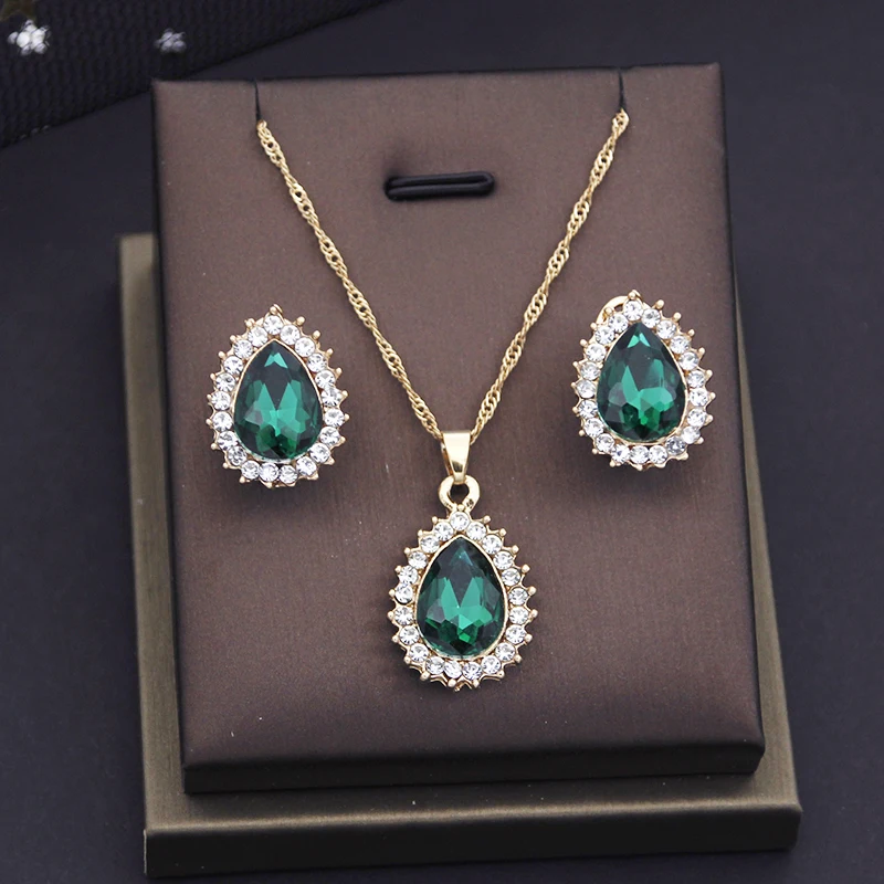 Waterdrop Crystal Pendants Necklace Earrings Sets for Women Jewelry Set Bridal Wedding Choker Neckalce Sets Fashion