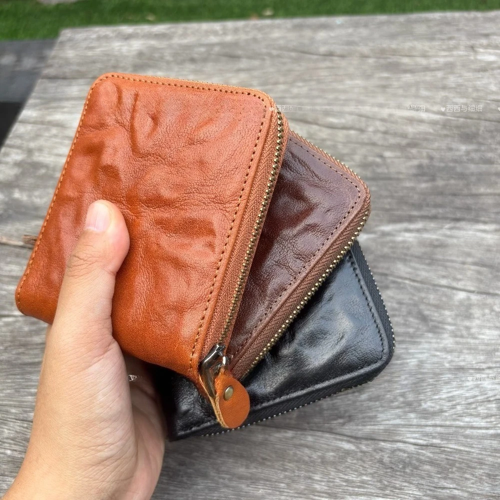 

Genuine Top-grain Leather Unisex Vintage Distressed Vegetable-tanned Leather Short Wallet Card Holder