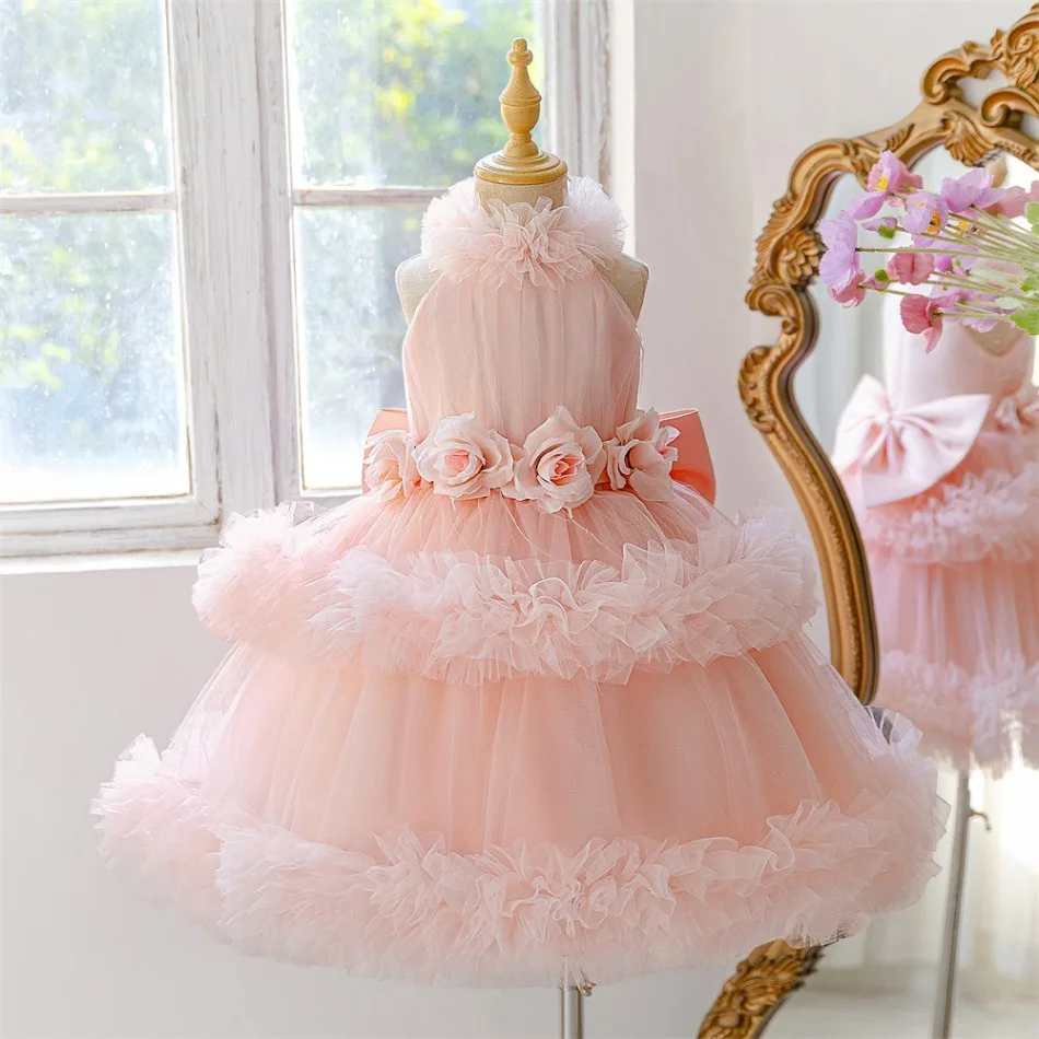 Pink Floral Halter Ruffle Tiered Tulle Princess Dress Cute Kid Girls Birthday Wedding Holiday Party Formal Pageant Costume ASQ03