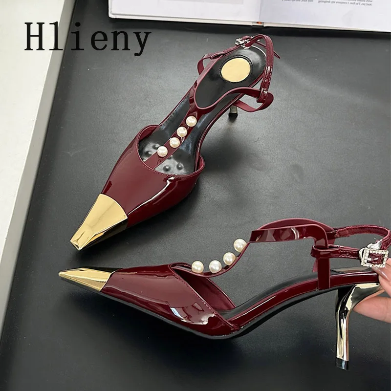 Hlieny Strange Style Stiletto Sandal Sexy Metal Pointed Toe Pearls Strap Buckle Designer High Heels Party Prom Shoes Women Pumps