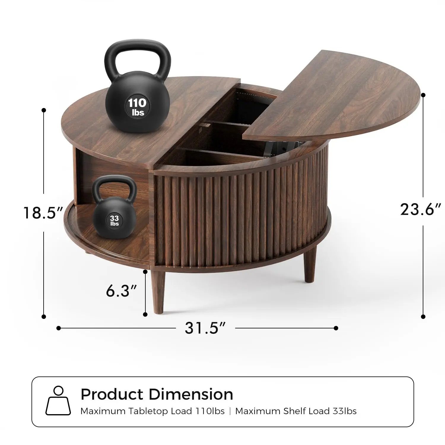 Lift Top Coffee Table with Storage, Fluted Round Center Table with Sliding Cabinet Door, Small Circle Table, Customized