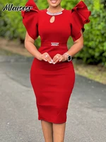 Mlaiscsr cuello redondo volantes manga paquete caderas rojo vestido medio fiesta de noche de cumpleaños mujeres elegante trabajo de oficina Vestidos ajustados 2025