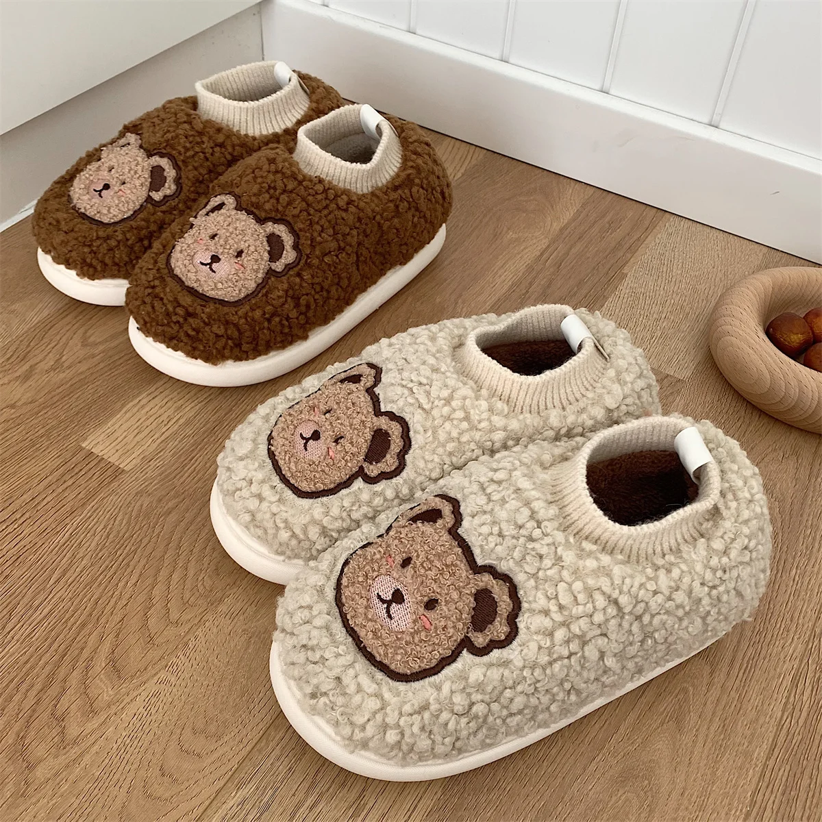 Lovely Women Slipper Warm Cotton Plush Slippers Female 2022 Winter Students Indoor Home Cute Bear Baby Cotton Shoes