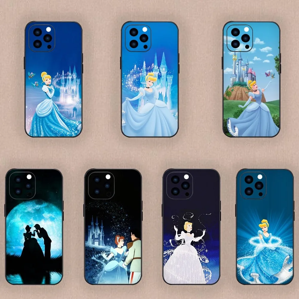 MINISO Cinderella Cuet Phone Case For iPhone Mini 11 12 13 14 15 Plus Pro Max XR XS Black Shell