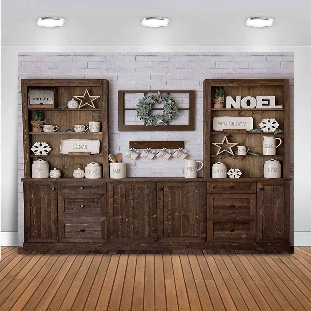 Fondo de cocina de Navidad para niños, sesión fotográfica, armario, decoración de corona, accesorios de pared de madera, pancarta de Festival, estudio fotográfico para niños y bebés