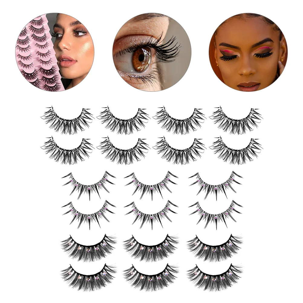 10 أزواج من الرموش الصناعية المزخرفة بحجر الراين خفيفة الوزن للنساء ذات مظهر طبيعي ومهرجان مكياج عيون براقة