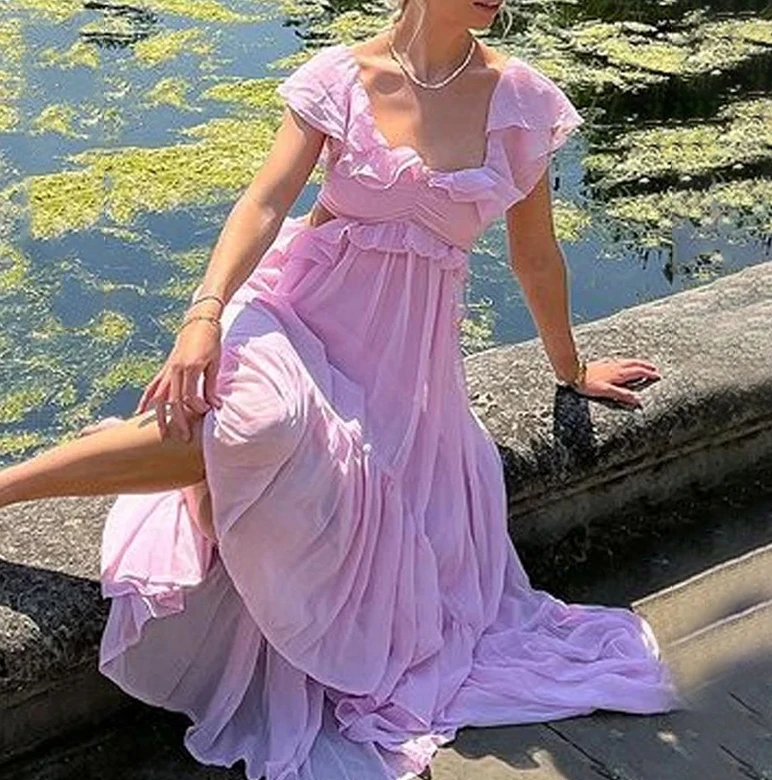 Frisches, süßes Damenkleid, modisch, schlicht, einfarbig, Rüschenbesatz, quadratischer Ausschnitt, ärmellos, sexy, süße Chiffon-Kleider mit Ausschnitt an der Taille