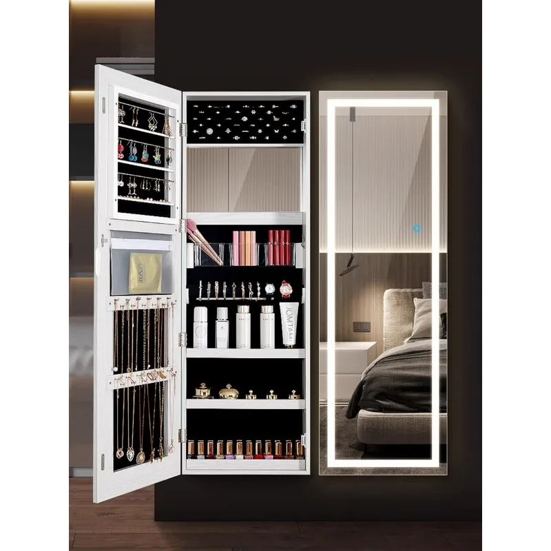 

Dressing mirror, full-body mirror, wall-mounted storage, integrated jewelry cabinet, household lamped mirror, floor-to-ceiling g