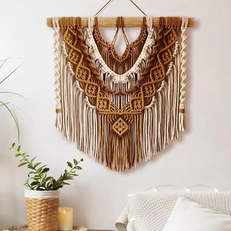  Tapiz de pared bohemio, flecos tejidos a mano con bolsillo de almacenamiento, decoración del hogar de macramé para dormitorio, decoración de pared con acento creativo