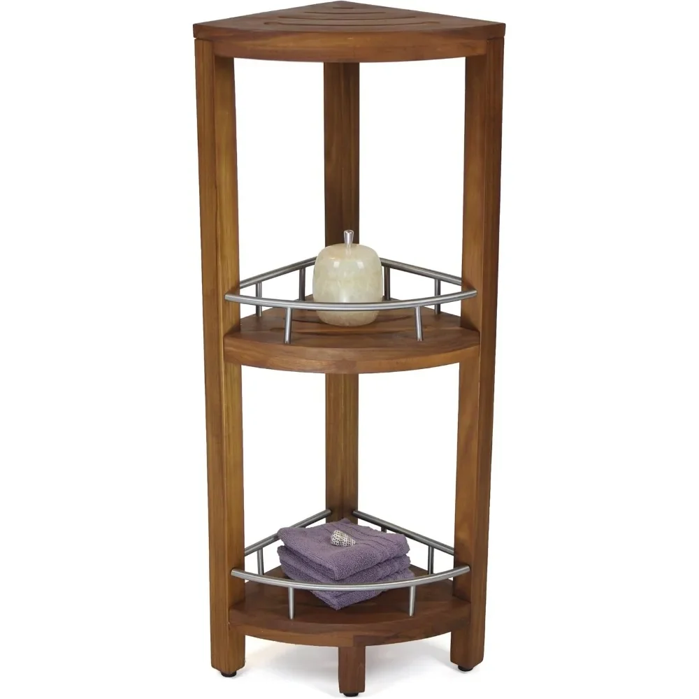 

Patented Kai Corner Teak and Stainless 3 Shelf Corner Stand